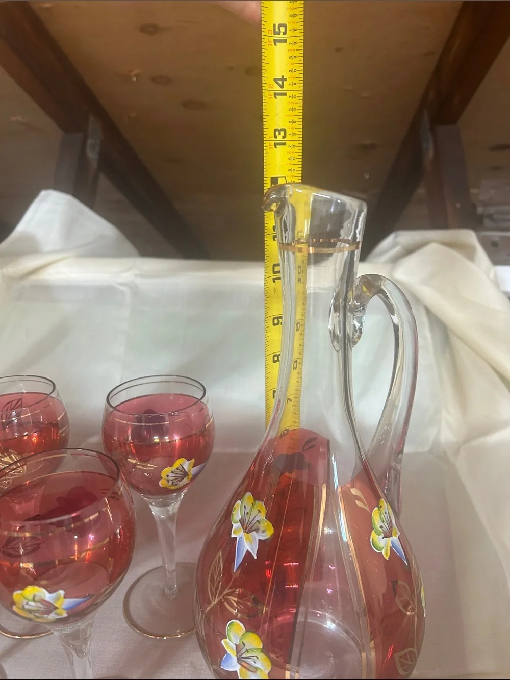Vintage Hand Painted Glass decanter and Glasses